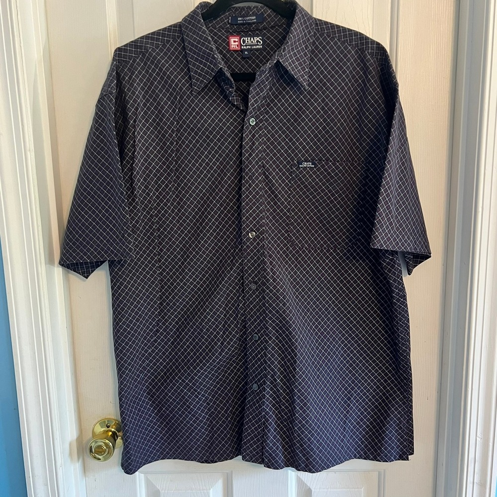 Vintage Chaps Ralph Lauren Mens XL Navy Red Grid Short Sleeve Button Down Shirt